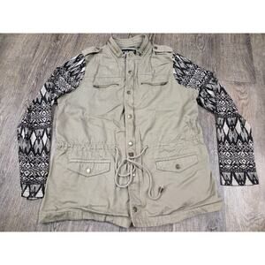 Black Rainn Green Denim Full Zip Mock Neck Jacket Knit Sleeves Large